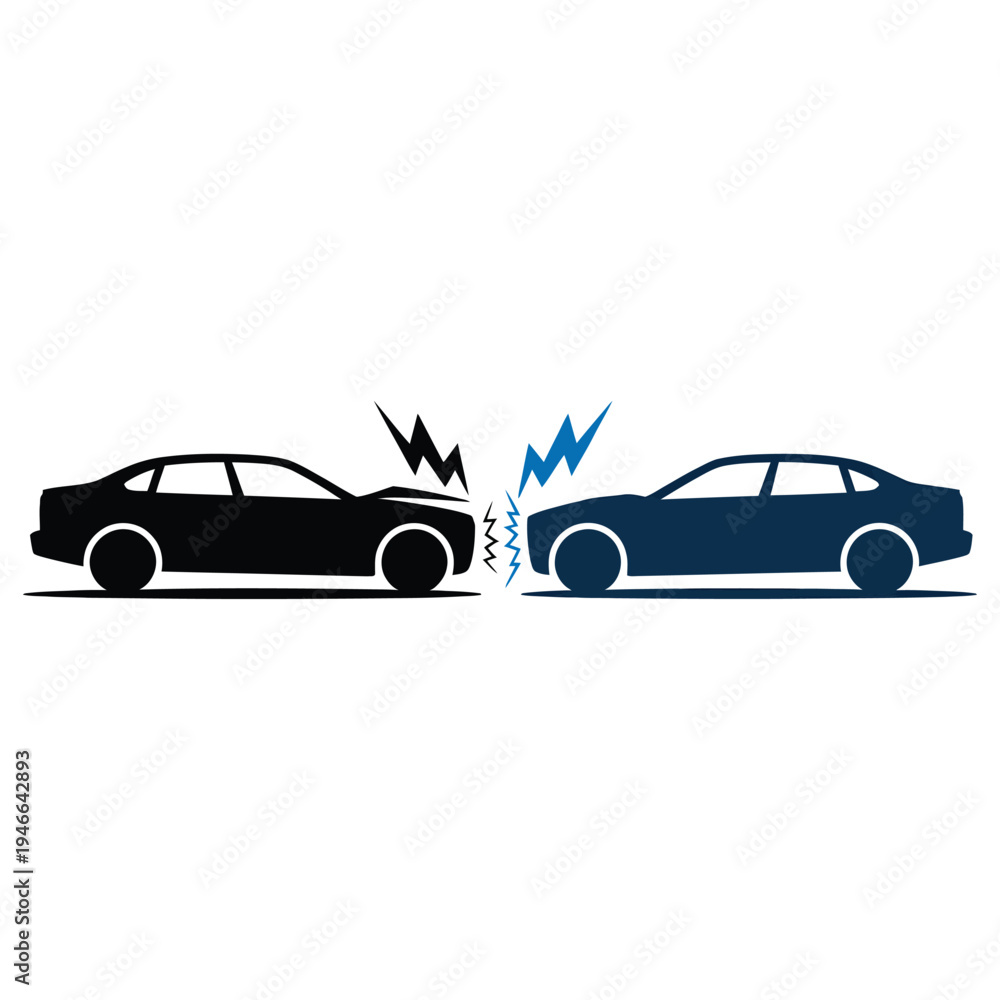 Fototapeta premium Car accident icon set, car crash icons in vector style, depicting collisions, vehicle damage, and traffic accidents, isolated on white background, minimal line and glyph design for safety, insurance