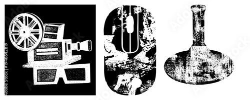 Retro film projector, computer mouse with textured, lab flask in, halftone vector art, isolated tech and science.