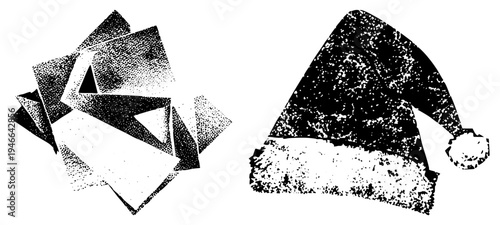 Black and white halftone Santa hat with textured fur trim and geometric paper stack with triangular cutouts, festive holiday graphic elements.