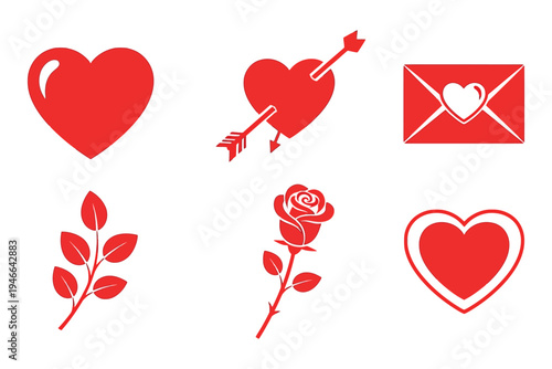 Collection of red heart and love themed icons and symbols