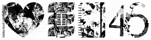 Distressed black and white vector featuring a classic microphone, heart, ruler, and number 46 with gritty texture, ideal for retro design, graphic elements, or UI components.