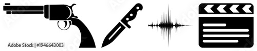 Vector representing violence, tools, sound, and cinema revolver, dagger, waveform, clapboard minimalist black silhouettes for design or UI.