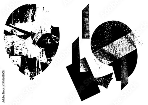 Bold black shapes with halftone and distressed textures, graphic design elements, modern art composition, vector art pieces, abstract forms.