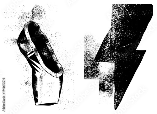 Classic ballet pointe shoe and stylized lightning bolt, both rendered in halftone dot, black and white vector graphic, isolated design elements.