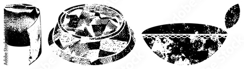 Hand printed textile designs on ceramic bowls and rolled fabric, halftone texture, retro style, vintage, artisan craft, decorative home decor.