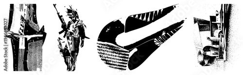 Graphic compositions featuring halftone textures, bold silhouettes, and fragmented shapes, rendered in vector style with sharp edges and high contrast.