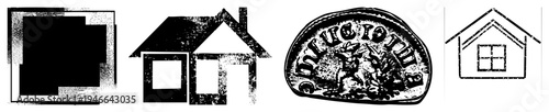 Stylized house and antique coin with embossed text, distressed textures, vector art, graphic design elements, retro aesthetic.