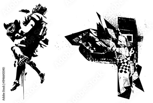 Hockey player mid swing, stick raised, puck in motion, goalie in fragmented checkered gear, stylized black and white vector art, graphic design, sport illustration.