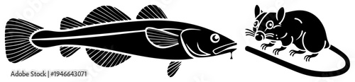 Graphic illustration of cod fish and rat in silhouette, stylized vector art, bold, minimalistic design, predator prey symbolism, black and white contrast.