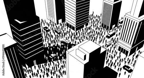 Monochrome Cityscape - A Dense Crowd Amidst Towering Buildings.