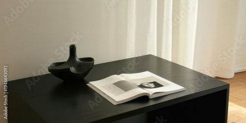 Minimalist scene. Dark surface holds sculpture, open book. Light highlights textures, simple composition, quiet ambiance.