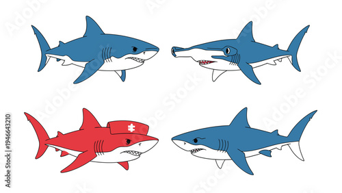 Playful Cartoon Sharks: Great White, Hammerhead, and Nurse Character Illustrations Set