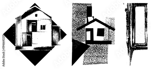 Abstract house symbols with halftone textures and sharp, geometric shapes, minimalist architecture, graphic design elements, vector art pieces.