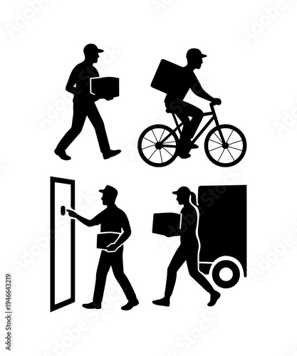 Courier service delivery workers delivering packages silhouette