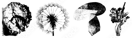 Dandelion seed head, textured rock, abstract ribbon, bouquet in vase stylized vector art. Dandelion, rock, ribbon, bouquet.
