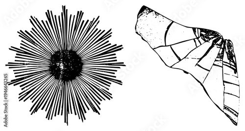 Abstract sunburst radiating, cracked, vintage ink sketch, graphic design element, art, stylized texture, isolated foreground.