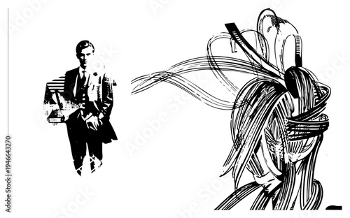Black and white vector illustration of a formal man holding a book, paired with dynamic abstract hair swirls, graphic art, bold,, stylized portrait.