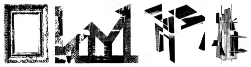 Modern graphic design featuring fragmented forms, halftone textures, and isometric blocks, vector illustration, art, digital typography, abstract composition.