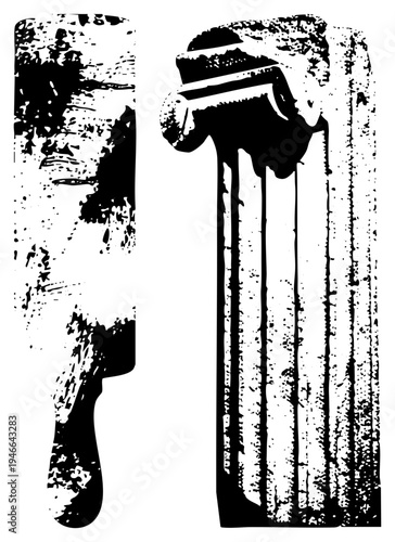 Black and white halftone graphic of hammer and chisel, woodworking tools, artisan equipment, rustic craftsmanship, textured vector illustration.