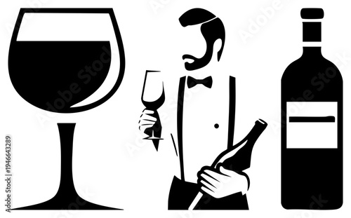 in tuxedo holding wine glass and bottle, wine glass filled, wine bottle with label, formal service, restaurant staff, wine tasting.