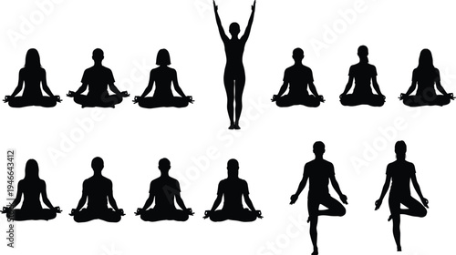 Yoga meditation silhouette collection, woman practicing yoga poses set, mindfulness fitness wellness vector icons isolated on light background