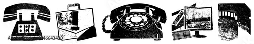Retro communication tech including rotary phone, fax machine, computer monitor, and card reader, rendered in halftone dot, vector graphic with alpha channel transparency.