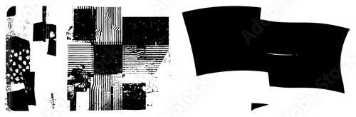 Black and white vector composition of fragmented shapes, halftone textures, and flowing curves, minimalist graphic design, digital art element.