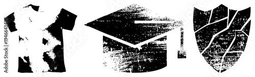 Black and white halftone graphic of graduation cap, t shirt, and shield, vector symbols, educational and protection themes, isolated design elements.