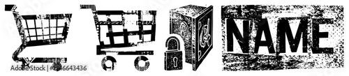 Distressed shopping cart, vault safe, bold “NAME” block, gritty texture, vintage graphic, e commerce symbols, isolated vector.