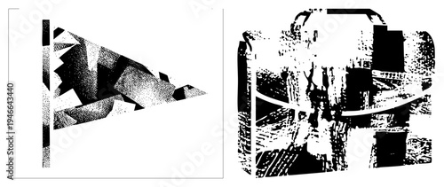 Stylized halftone triangle and suitcase graphic, bold graphic design, vector art, modern minimalism, isolated foreground elements.
