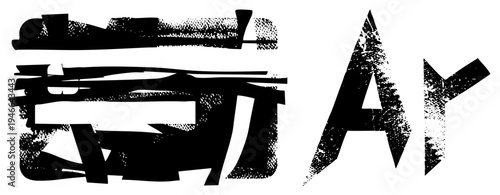 Graphic design letters with rough, scratched texture, halftone dot, distressed stencil style, isolated vector glyphs for branding or poster use.