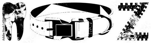 Dental tooth, dog collar design, zipper graphic, all rendered in halftone vector style, isolated elements for design use, aesthetic.