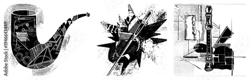 Stylized smoking pipe, fountain pen, and recorder rendered with halftone and geometric shapes, graphic design, vector illustration, artistic composition.