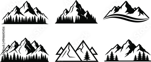 mountain logo collection set, outdoor adventure landscape icons, alpine peak silhouettes with forest, nature travel badge design, hiking emblem
