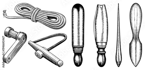Hand drawn engraved tools including rope, clamps, and arrowheads, rendered in classic halftone style, technical illustrations, antique craftsmanship.