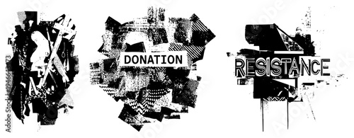 Distressed typography with fragmented collage textures, protest art style, bold lettering, activist graphics, halftone, urban design, stencil aesthetic.