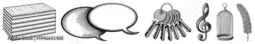 Set of isolated vector including books, speech bubbles, keys, musical clef, birdcage, and feather, rendered in halftone style with black and white tones.