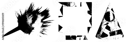Three stylized vector forms explosive brushstroke, fragmented square, and layered triangle. Artistic graphic design elements with halftone grain and ink splatter. Modern abstract composition.