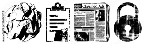 Crumpled paper ball, clipboard with, classified ads newspaper, padlock, all rendered in halftone style, vector graphic, isolated elements, black and white.
