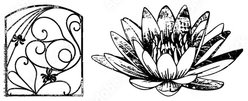 Decorative wrought iron scrollwork fence design, stylized water lily flower, black and white vector art, garden ornament, botanical illustration.