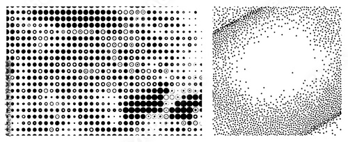 Vector halftone transitioning from dense to sparse dots, creating gradient illusion, isolated graphic, print design element, dot matrix texture.