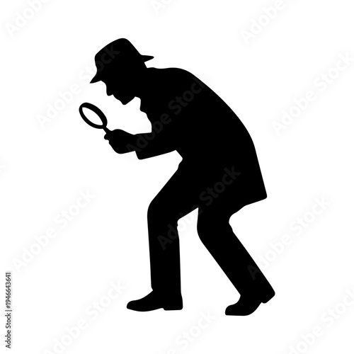 Detective silhouette searching for clues holding a magnifying glass