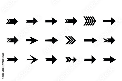 Collection of various black arrow icons pointing to the right on a white background