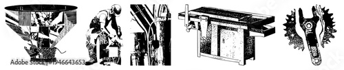 Black and white vector depiction of factory equipment, worker, conveyor, table saw, gear assembly mechanical precision, industrial design, technical illustration.