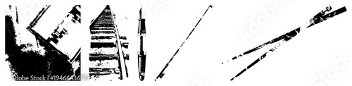 Graphic representation of railway rails, fountain pen, and elongated rods with distressed texture, minimalist, vector art, isolated foreground elements.