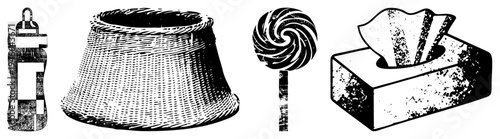 Classic baby bottle with checkered, woven basket texture, spiral lollipop, tissue box with pulled tissue, all rendered in halftone vector art, isolated graphic elements.