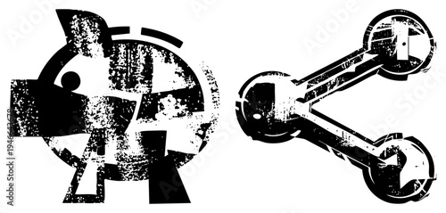 Graphic pig and key symbols with gritty texture, vector, black and white, retro design, isolated elements, emblem style.