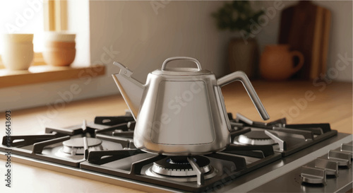 A sleek silver kettle sits on a modern gas stove in a contemporary kitchen setting