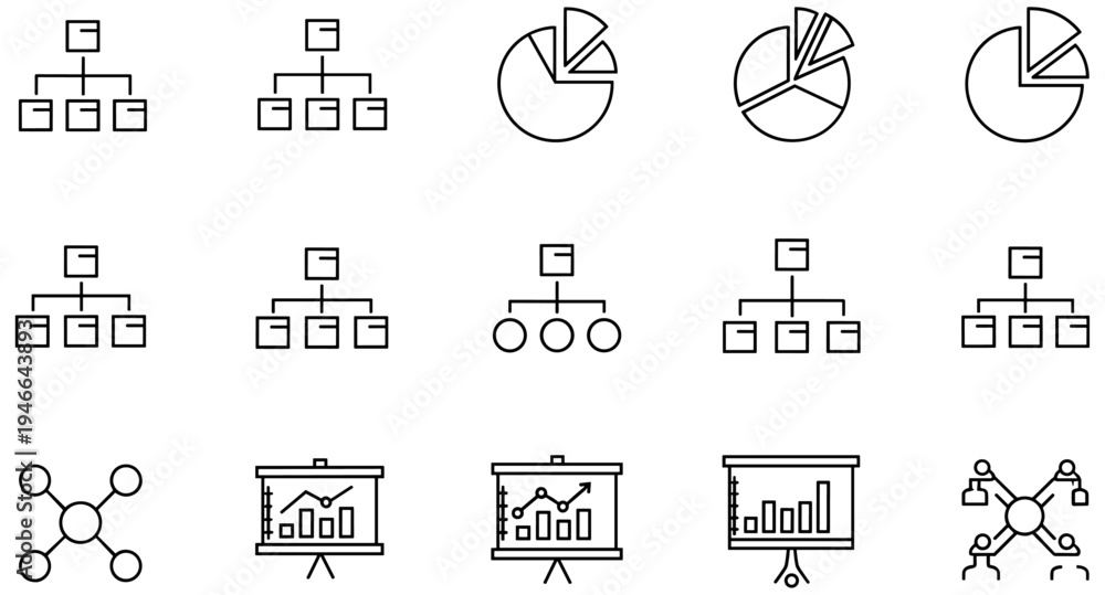 Fototapeta premium Business data visualization icons set with pie charts, organizational diagrams, presentation boards, and balanced scale for analysis concepts