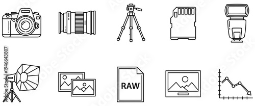 Photography equipment vector line icons set featuring digital camera, lens, tripod, memory card, studio light, monitor, and image histogram